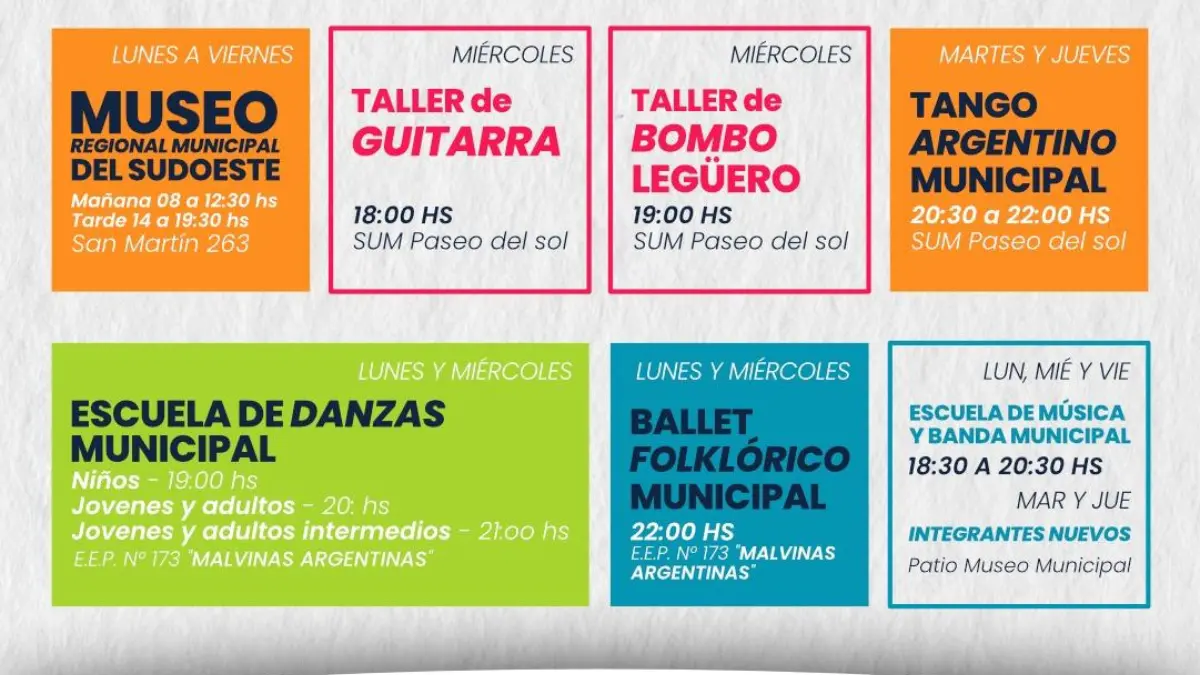 Actividades culturales Charata: talleres y horarios 2026