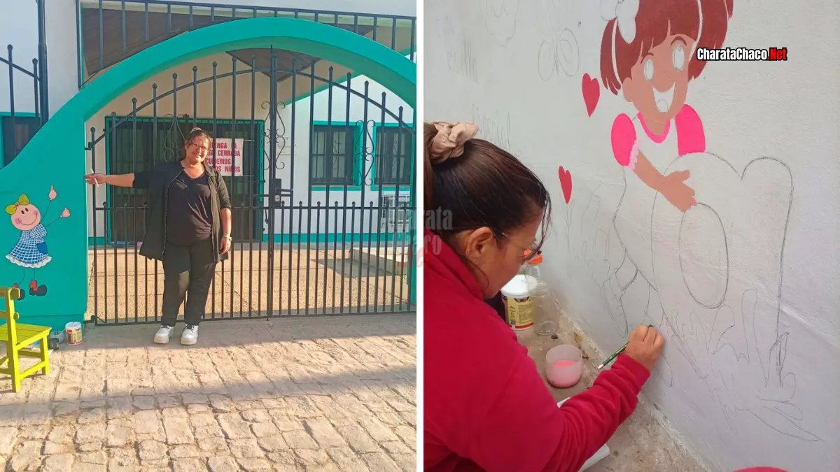 El mural del Jardín 39 de Charata: Sandra Acuña pinta con amor