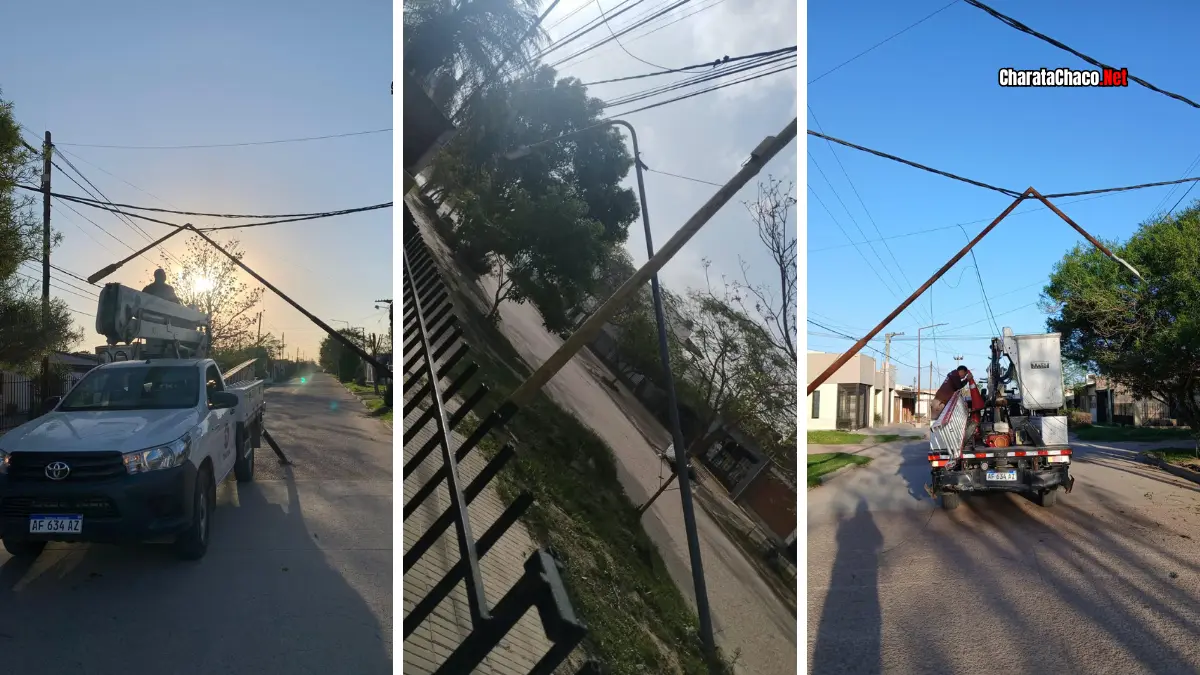 Charata: trabajos tras la caída de postes por el viento